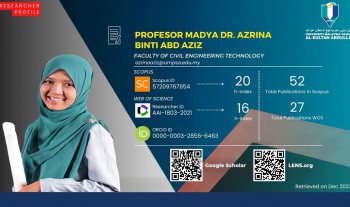 Tahniah diucapkan kepada Prof. Madya Dr. Azrina Abd Aziz, Timbalan Dekan (Penyelidikan & Pengajian Siswazah), FTKA, UMPSA di atas pencapaian penyelidikan dan penerbitan yang sangat cemerlang tahun 2023 
